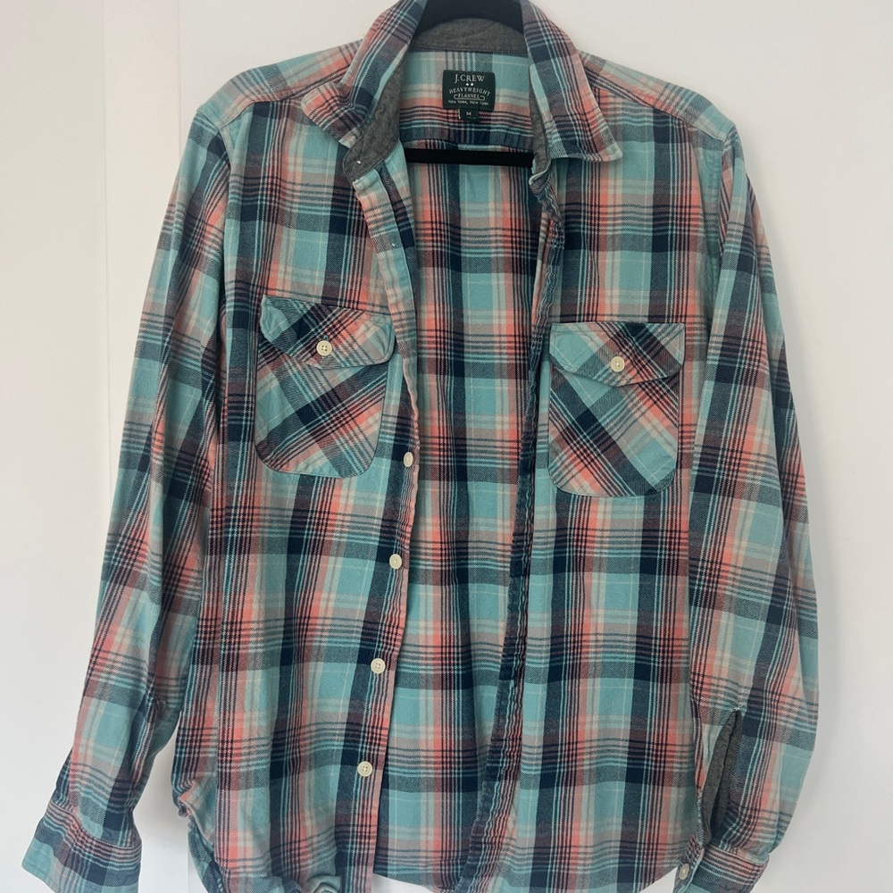 J. Crew Men's Casual Plaid Shirt - Teal and Coral